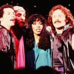 Donna Summer performs onstage with the vocal group Brooklyn Dreams which consisted of Joe Esposito, Eddie Hokenson and Bruce Sudano, on February 20, 1979 in Los Angeles, California.